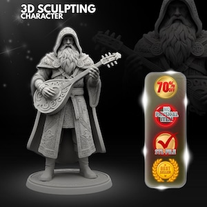May include: A gray 3D sculpted character figurine of a bearded figure in a hooded cloak playing a lute. The figure stands on a circular base. Text on the image includes 3D SCULPTING CHARACTER, 70% OFF, NO PHYSICAL ITEM, STL FILE, and BEST SELLER.