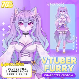 May include: A digital illustration of a purple-haired cat-like character with pink eyes, wearing a layered outfit with bows. The image includes text reading 70% OFF, VTUBER FURRY CHARACTER CUSTOM, and INCLUDED SOURCE FILE 5 EXPRESSIONS BODY RIGGING.