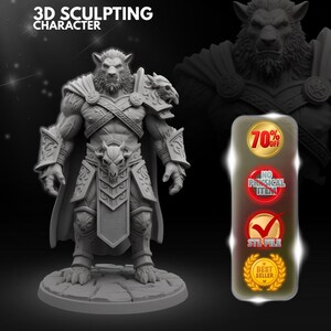May include: A grey 3D sculpted character figurine of a lion-like humanoid warrior wearing ornate armor, a cape, and a skull-adorned belt. The image includes text reading 3D SCULPTING CHARACTER, 70% OFF, NO PHYSICAL ITEM, STL FILE, and BEST SELLER.