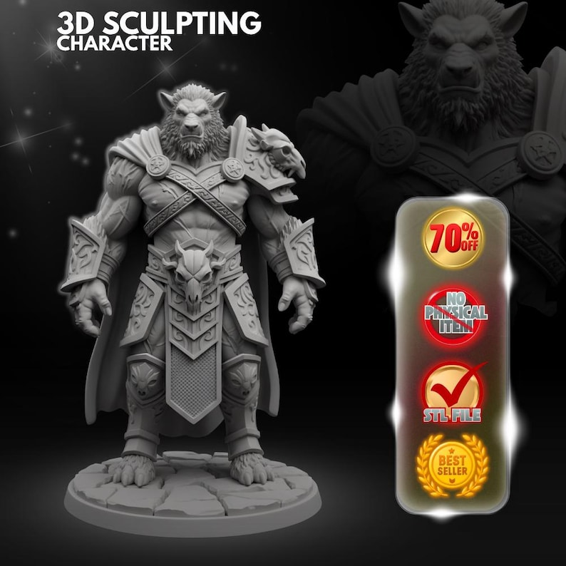May include: A grey 3D sculpted character figurine of a lion-like humanoid warrior wearing ornate armor, a cape, and a skull-adorned belt. The image includes text reading 3D SCULPTING CHARACTER, 70% OFF, NO PHYSICAL ITEM, STL FILE, and BEST SELLER.
