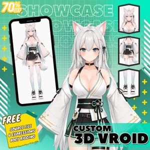 May include: A digital illustration of a white-haired anime character with fox ears, wearing a white and black outfit. The image includes the text "SHOWCASE", "FREE", and "CUSTOM 3D VROID".