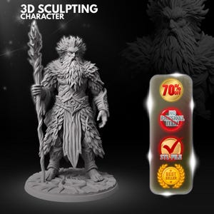 May include: A grey 3D sculpting character figurine of a bearded figure with wild hair, wearing textured leaf-like armor and holding a tall, gnarled staff. The text 3D SCULPTING CHARACTER appears at the top left, with circular badges on the right.