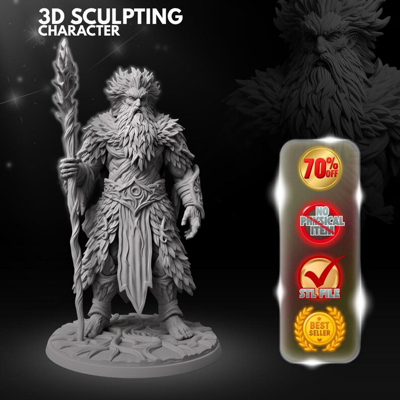May include: A grey 3D sculpting character figurine of a bearded figure with wild hair, wearing textured leaf-like armor and holding a tall, gnarled staff. The text 3D SCULPTING CHARACTER appears at the top left, with circular badges on the right.