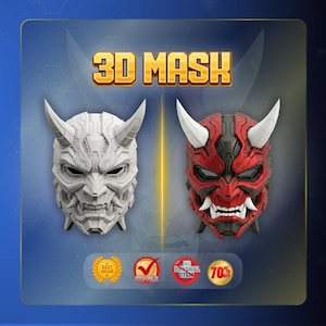 K&ouml;nnte beinhalten: Zwei 3D-Maskendesigns mit geh&ouml;rnter Oni-&Auml;sthetik. Eine Maske ist einfarbig wei&szlig;, die andere ist metallisch rot und schwarz mit wei&szlig;en H&ouml;rnern. Der Text 3D MASK steht oben, erg&auml;nzt durch Symbole f&uuml;r Bestseller und STL-Datei.