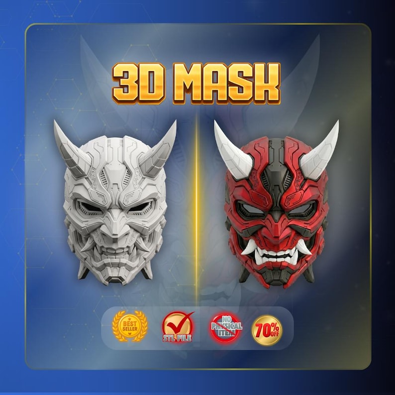 K&ouml;nnte beinhalten: Zwei 3D-Maskendesigns mit geh&ouml;rnter Oni-&Auml;sthetik. Eine Maske ist einfarbig wei&szlig;, die andere ist metallisch rot und schwarz mit wei&szlig;en H&ouml;rnern. Der Text 3D MASK steht oben, erg&auml;nzt durch Symbole f&uuml;r Bestseller und STL-Datei.