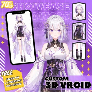 May include: A digital illustration of a female anime character in a white and black dress with purple floral accents. The image includes a phone screen displaying the character, additional character details, and text that reads "CUSTOM 3D VROID".