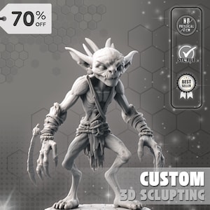 Może przedstawiać: Szczegółowa rzeźba 3D postaci podobnej do goblina, z ostrymi cechami i groźnym wyrazem twarzy. Postać jest szara, ze skomplikowanymi detalami. Obraz zawiera tekst "CUSTOM 3D SCULPTING" i odznakę "BEST SELLER".