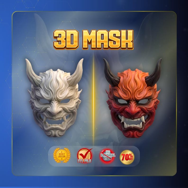 K&ouml;nnte beinhalten: Zwei 3D-Maskendesigns mit H&ouml;rnern und Fangz&auml;hnen. Eine Maske ist einfarbig cremewei&szlig;, die andere zeigt einen Farbverlauf von Rot zu Orange mit dunklen H&ouml;rnern. Oben steht 3D MASK, dazu Abzeichen f&uuml;r BEST SELLER, STL FILE, NO PHYSICAL ITEM, 70% OFF.