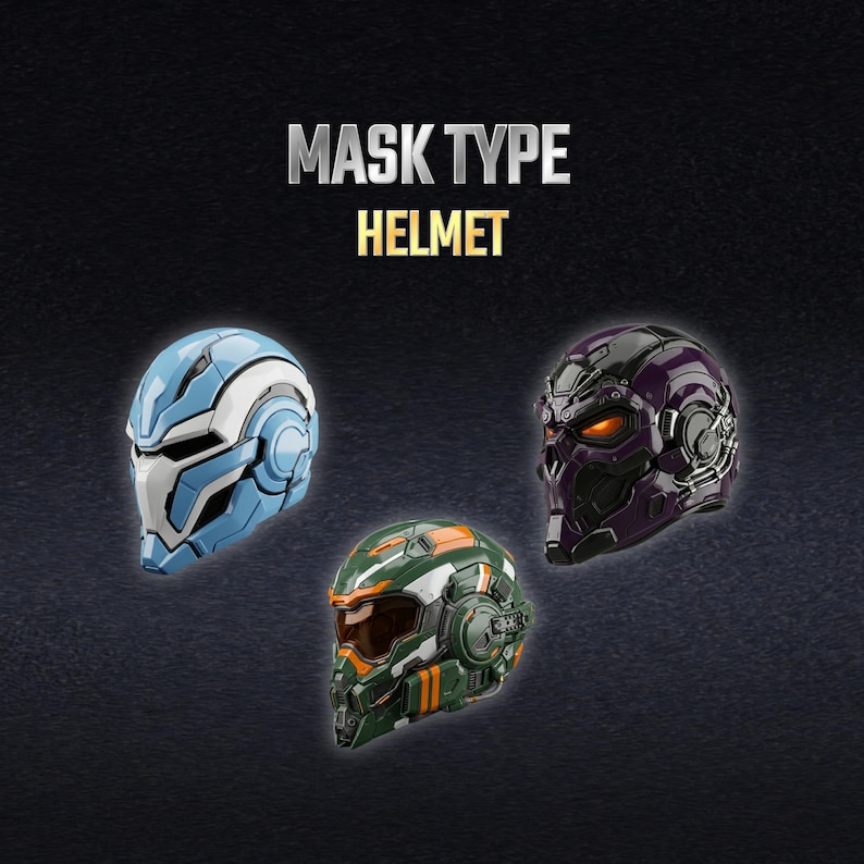 K&ouml;nnte beinhalten: Drei futuristische Helme mit der Aufschrift MASK TYPE HELMET. Einer ist hellblau und wei&szlig;, einer ist dunkelviolett mit leuchtend orangen Augen und einer ist gr&uuml;n und orange mit einem dunklen Visier. Die Helme zeigen komplexe mechanische Details.