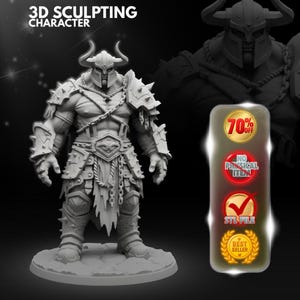 May include: A gray 3D sculpting character figurine of a muscular warrior wearing a horned helmet, spiked shoulder armor, and chain details. The image includes text reading 3D SCULPTING CHARACTER, 70% OFF, NO PHYSICAL ITEM, STL FILE, and BEST SELLER.