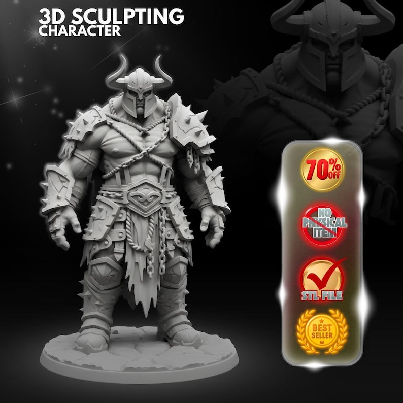 May include: A gray 3D sculpting character figurine of a muscular warrior wearing a horned helmet, spiked shoulder armor, and chain details. The image includes text reading 3D SCULPTING CHARACTER, 70% OFF, NO PHYSICAL ITEM, STL FILE, and BEST SELLER.
