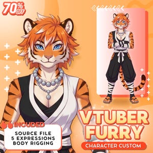 May include: A digital illustration of an anthropomorphic tiger character with orange fur, black stripes, and blue eyes. The character wears a black and white outfit with a pearl necklace. Text includes 70% OFF, VTUBER FURRY, and INCLUDED SOURCE FILE.
