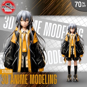 May include: A 3D anime figure with long grey hair, wearing a black and yellow jacket, a yellow tie, and black shorts. The image includes the text "3D Anime Modeling" and a "70% OFF" banner.