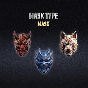 K&ouml;nnte beinhalten: Drei Masken mit der Beschriftung MASK TYPE MASK. Die linke Maske ist rot mit H&ouml;rnern und komplexen Mustern. Die mittlere Maske ist blau mit einem mechanischen, segmentierten Design. Die rechte Maske ist wei&szlig; und orange mit fuchsartigem Aussehen.