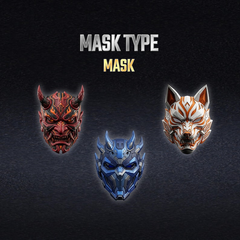 K&ouml;nnte beinhalten: Drei Masken mit der Beschriftung MASK TYPE MASK. Die linke Maske ist rot mit H&ouml;rnern und komplexen Mustern. Die mittlere Maske ist blau mit einem mechanischen, segmentierten Design. Die rechte Maske ist wei&szlig; und orange mit fuchsartigem Aussehen.
