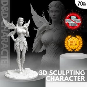 Może przedstawiać: Biała rzeźba 3D postaci fantasy kobiety z dużymi, szczegółowymi skrzydłami. Postać jest w dynamicznej pozie, ze skomplikowanymi detalami w ubraniach i rysach twarzy. Widoczny jest tekst "3D SCULPTING CHARACTER".