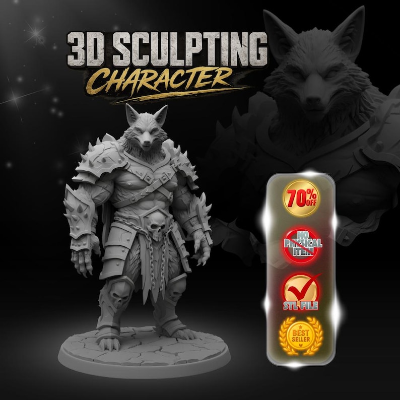May include: A gray 3D digital sculpture of a wolf-like warrior character wearing spiked armor, a skull-adorned belt, and standing on a cracked circular base. The image includes the text 3D SCULPTING CHARACTER, 70% OFF, NO PHYSICAL ITEM, STL FILE, and BEST SELLER.