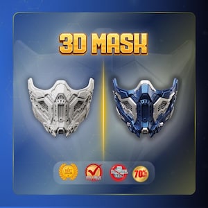 K&ouml;nnte beinhalten: Eine 3D MASK Digitaldatei-Auflistung mit zwei Halbgesichtsmasken mit komplexen mechanischen Details. Eine Maske ist einfarbig wei&szlig;, die andere ist metallic-blau und silber. Das Bild enth&auml;lt den Text 3D MASK, STL FILE und NO PHYSICAL ITEM.