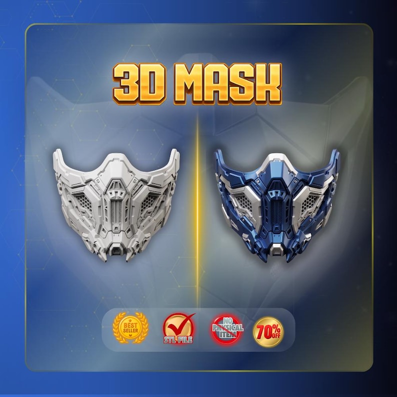 K&ouml;nnte beinhalten: Eine 3D MASK Digitaldatei-Auflistung mit zwei Halbgesichtsmasken mit komplexen mechanischen Details. Eine Maske ist einfarbig wei&szlig;, die andere ist metallic-blau und silber. Das Bild enth&auml;lt den Text 3D MASK, STL FILE und NO PHYSICAL ITEM.