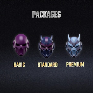 K&ouml;nnte beinhalten: Drei verschiedene Masken unter der &Uuml;berschrift PACKAGES. Die BASIC-Maske ist einfarbig violett mit glatter Oberfl&auml;che. Die STANDARD-Maske ist dunkelviolett und blau mit H&ouml;rnern. Die PREMIUM-Maske ist hellblau und grau mit komplexen Details.