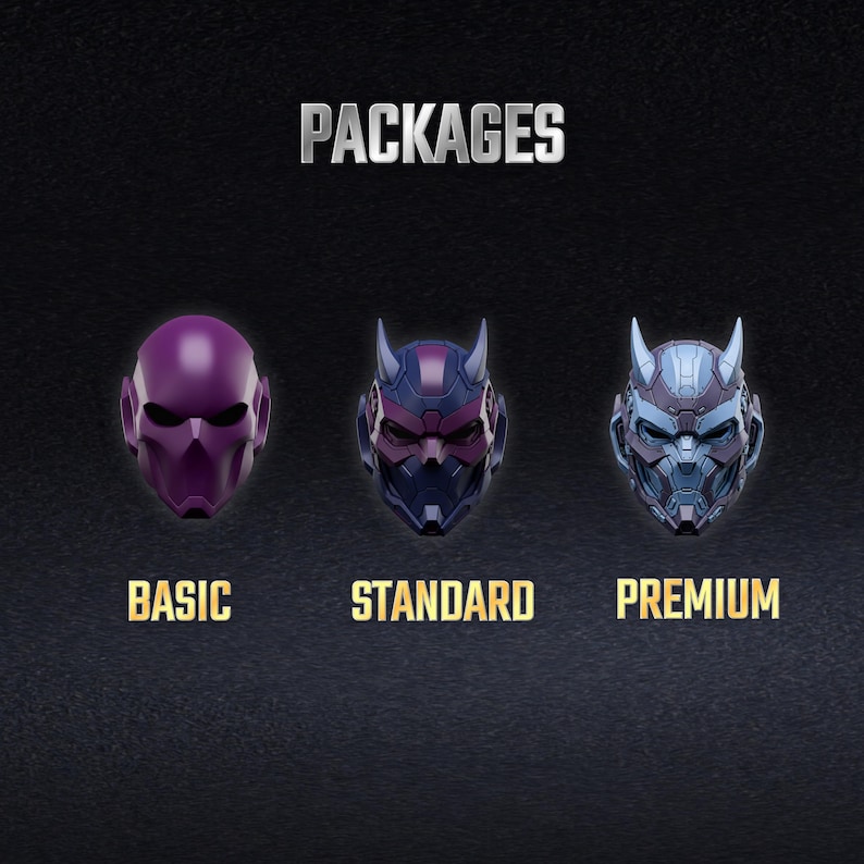 K&ouml;nnte beinhalten: Drei verschiedene Masken unter der &Uuml;berschrift PACKAGES. Die BASIC-Maske ist einfarbig violett mit glatter Oberfl&auml;che. Die STANDARD-Maske ist dunkelviolett und blau mit H&ouml;rnern. Die PREMIUM-Maske ist hellblau und grau mit komplexen Details.
