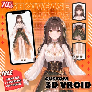 May include: An advertisement for a custom 3D Vroid model. The image shows a digital illustration of a female character in a detailed outfit, displayed on a smartphone and in smaller preview images. Text includes "SHOWCASE", "FREE", and "CUSTOM 3D VROID".