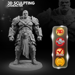 May include: A gray 3D sculpting character figurine featuring a muscular warrior in ornate armor with skull motifs, chains, and a loincloth. The image includes text reading 3D SCULPTING CHARACTER, 70% OFF, NO PHYSICAL ITEM, STL FILE, and BEST SELLER.