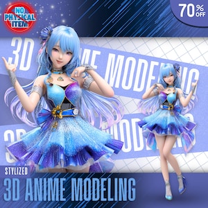 May include: A stylized 3D anime model in a blue and purple dress with a bow. The image includes the text "3D Anime Modeling" and "70% Off". The model has light blue hair and is wearing jewelry.