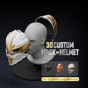K&ouml;nnte beinhalten: Eine wei&szlig;e und goldene 3D-Maske oder ein Helm auf einem Schaufensterpuppenkopf mit sternf&ouml;rmigem Emblem und Kettenmustern. Der Text lautet 3D CUSTOM MASK OR HELMET und For 3D Printing and Wearable. Enth&auml;lt kleine Bilder von drei Maskendesigns.