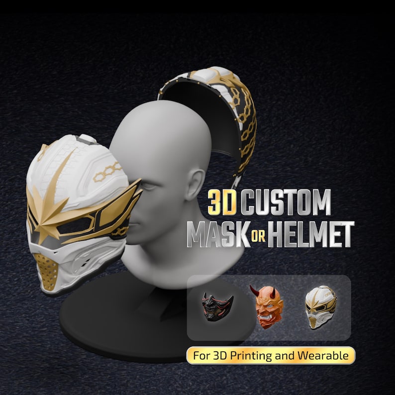 K&ouml;nnte beinhalten: Eine wei&szlig;e und goldene 3D-Maske oder ein Helm auf einem Schaufensterpuppenkopf mit sternf&ouml;rmigem Emblem und Kettenmustern. Der Text lautet 3D CUSTOM MASK OR HELMET und For 3D Printing and Wearable. Enth&auml;lt kleine Bilder von drei Maskendesigns.