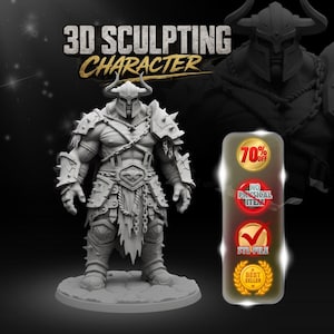 May include: A grey 3D digital sculpture of a horned warrior character wearing spiked armour and chains. The image includes the text 3D SCULPTING CHARACTER, 70% OFF, NO PHYSICAL ITEM, STL FILE, and BEST SELLER on a dark background with a circular base.
