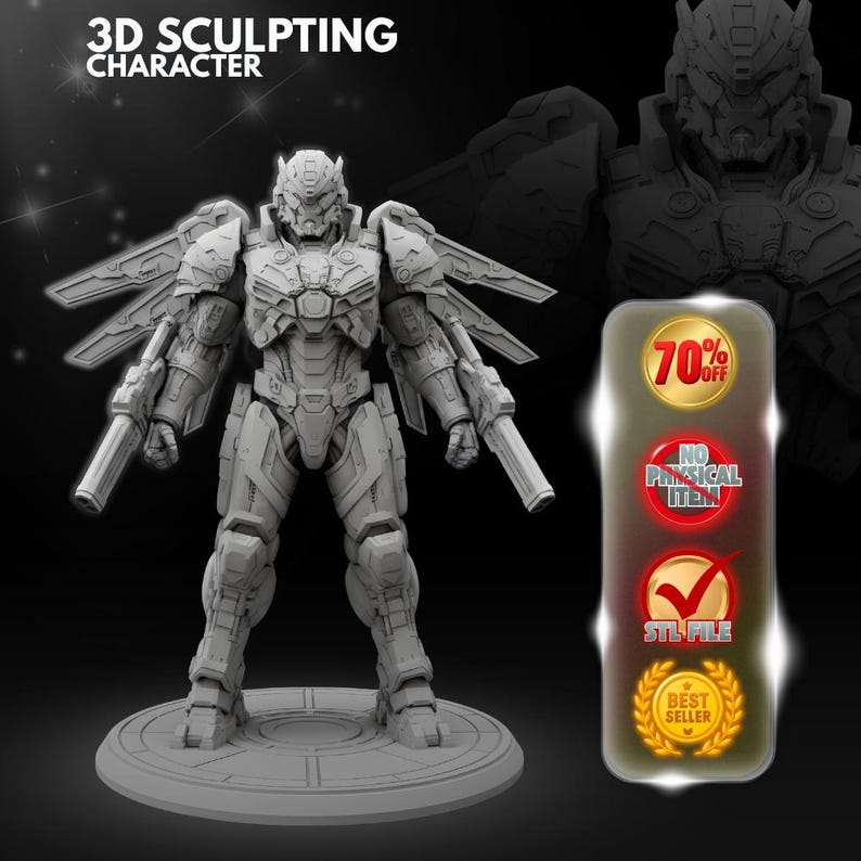 May include: A gray 3D sculpting character figurine standing on a circular base. The figure wears mechanical armor with wing-like attachments and holds two blasters. Text reads 3D SCULPTING CHARACTER, 70% OFF, NO PHYSICAL ITEM, STL FILE, and BEST SELLER.