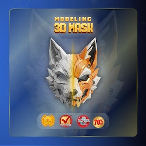 Könnte beinhalten: Eine digitale Grafik mit einer stilisierten Wolfsmaske in geteiltem Design, eine Seite in Weiß und die andere in Orange. Oben steht der Text MODELING 3D MASK. Darunter befinden sich vier runde Symbole, darunter ein Bestseller-Abzeichen und 70% off.