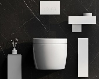 Conjunto de decoração de banheiro moderno, acessórios minimalistas brancos para banheiro, organização elegante do banheiro, decoração contemporânea para reforma de casa.