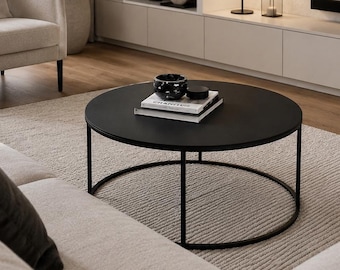 Mesa de centro redonda em metal preto, mesa de centro moderna para sala de estar, mesa de centro minimalista, decoração de móveis escandinavos.
