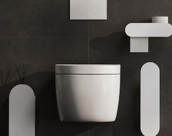 Conjunto de acessórios minimalistas para banheiro, decoração moderna para banheiro em branco, organizador de banheiro de luxo para parede, itens essenciais contemporâneos para banheiro.