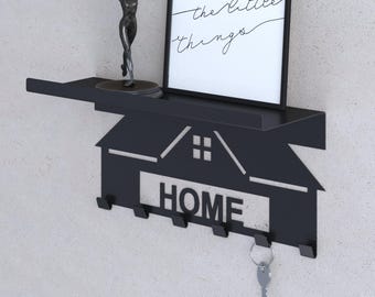 Custom Wall Mounted Key Holder | Metal Key Rack with Shelf | Personalized House Shape Key Hanger | Black Powder Coated Hook Organizer