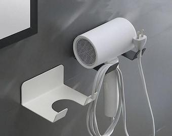 Wall Mounted Hair Dryer Holder | Minimalist Metal Hair Tool Organizer for Bathroom or Salon | Black or White Powder-Coated Rack