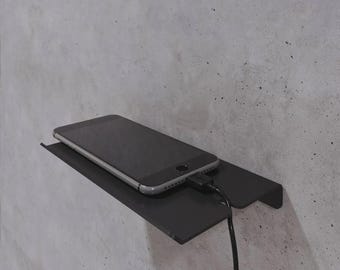 Wall Mount Phone Shelf | Metal Phone Holder with Cable Slot | Black Steel Storage Rack | Minimalist Floating Shelf for Bedroom or Office