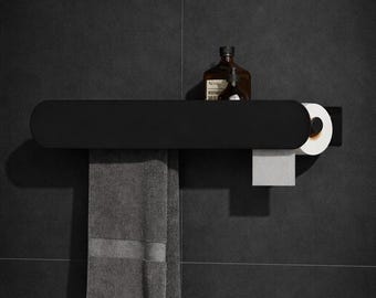 Bathroom Shelf with Towel Bar & Toilet Paper Holder, Wall Mounted Organizer, Modern Metal Bathroom Storage Shelf