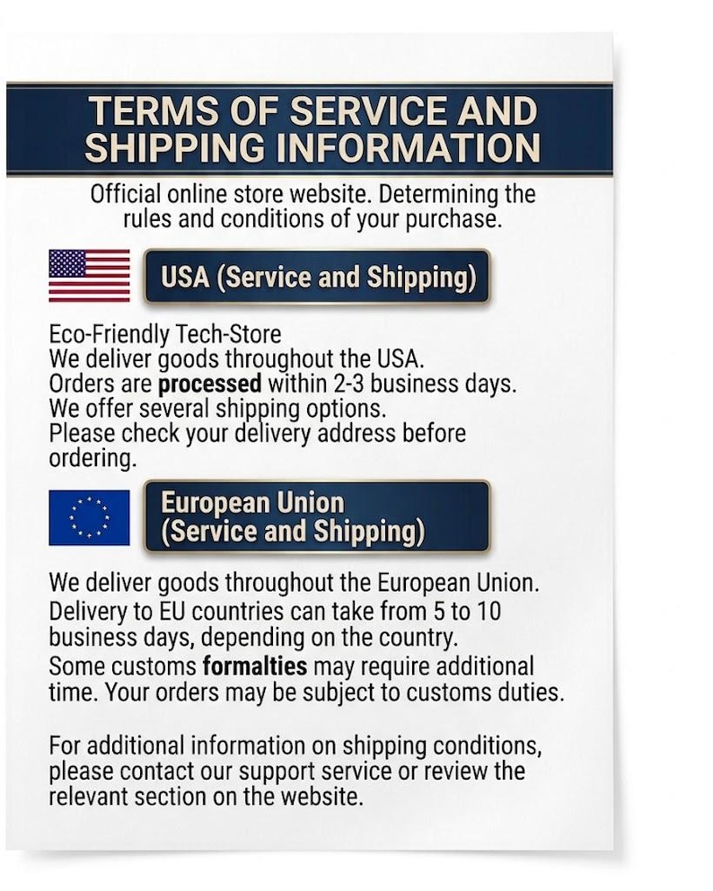 May include: A white informational document titled TERMS OF SERVICE AND SHIPPING INFORMATION. It features the USA flag and the European Union flag, with text detailing service and shipping policies for an Eco-Friendly Tech-Store in the USA and EU.