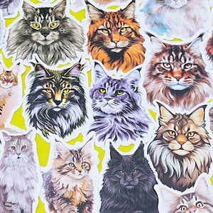 Maine Coon Cat Stickers Pack, 50 pieces a pack, Waterproof, Reusable, Very Cute!!