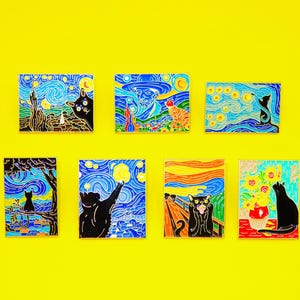 May include: Set of eight enamel pins featuring black cats in various poses against a backdrop of famous paintings, including Starry Night, The Scream, and Sunflowers. Each pin is approximately 1 inch in size.