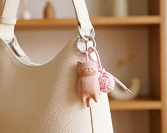 Hand Carved Wooden Cat Keychain, Bag Charm, Handmade gifts, Unique Gift for Cat Lovers