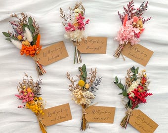 Mini torkad blombukett för brudtärnor, små torkade bröllopsblommor - brudtärnegåvor och brudtärnefrieri med vilda blommor