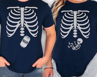 Halloween Pregnancy Shirt, Funny Matching Baby Reveal T-shirt, Skeleton Baby Shower T shirt, Couple Baby Announcement tee, gift for pregnant