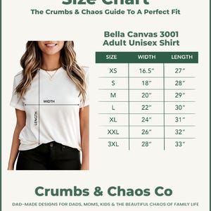 Puede incluir: Una camiseta unisex para adultos blanca Bella Canvas 3001 se muestra con una tabla de tallas. La tabla enumera las tallas XS a 3XL, con medidas de ancho de 41,9 cm a 71,1 cm y largos de 68,6 cm a 83,8 cm.