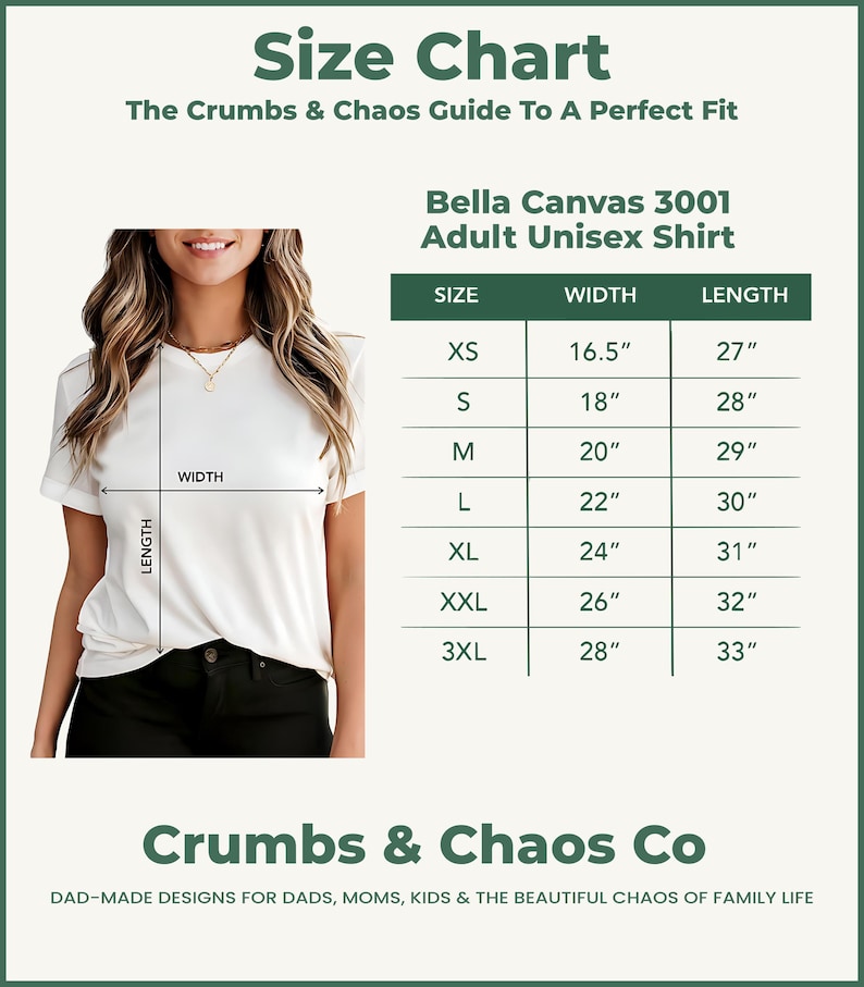 Puede incluir: Una camiseta unisex para adultos blanca Bella Canvas 3001 se muestra con una tabla de tallas. La tabla enumera las tallas XS a 3XL, con medidas de ancho de 41,9 cm a 71,1 cm y largos de 68,6 cm a 83,8 cm.