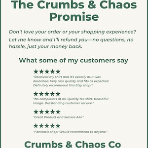 Puede incluir: Un gr&aacute;fico promocional para Crumbs & Chaos, con el texto "The Crumbs & Chaos Promise" y testimonios de clientes con calificaciones de cinco estrellas. El dise&ntilde;o es en tonos verdes y blancos, con el logotipo de la empresa en la parte inferior.