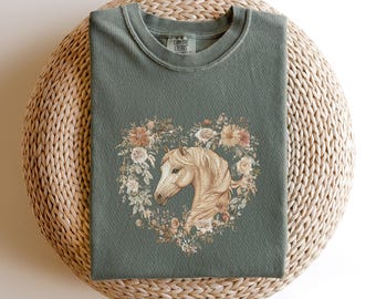 Vintage Floral Horse T-Shirt, Boho Heart Tee, Comfort Colors